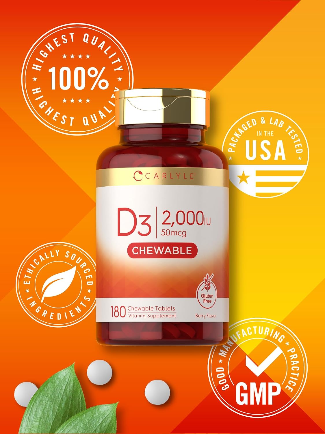 Carlyle Chewable Vitamin D3 2000 IU (50mcg) | 180 Chewable Tablets | Berry Flavor | Vegetarian, Non-GMO and Gluten Free Supplement