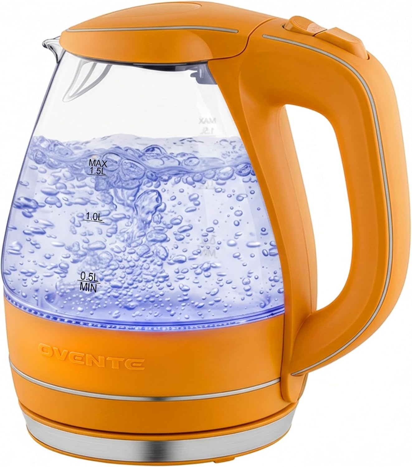 OVENTE 1.5L Glass Electric Kettle Water Boiler, Black KG83B | 1100W Fast Boiling, Borosilicate Glass, BPA-Free, Blue LED, Auto Shut-Off, Boil-Dry Protection, Removable Filter, 360° Base