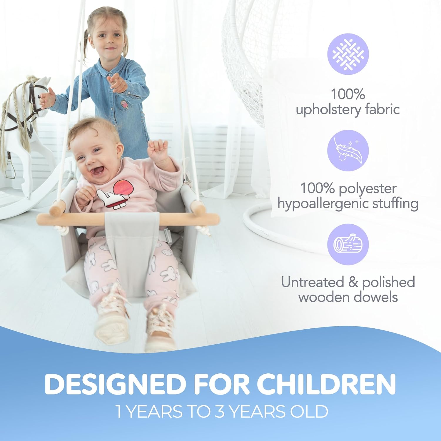 CaTeam Canvas Baby Swing Seat with 5-Point Safety Belt — Wooden Hanging Toddler Swing, Indoor & Outdoor, Ages 1-4, Ceiling Mount Hardware Included
