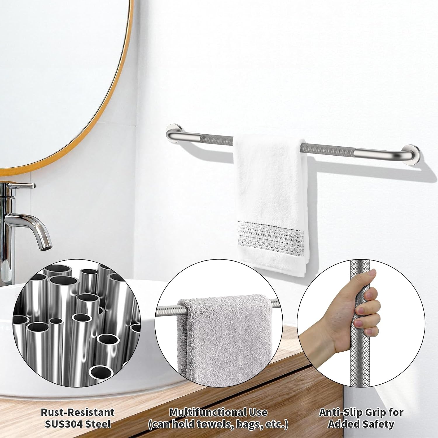 40 Inch Brushed Nickel Shower Grab Bar Anti-Slip Knurled Grip,Safety Handle | YuanDe 1.25" Diameter Stainless Steel Bathroom Grab Bars, Handicap Injury Elderly Senior Assist Support Shower Handle-2Packs