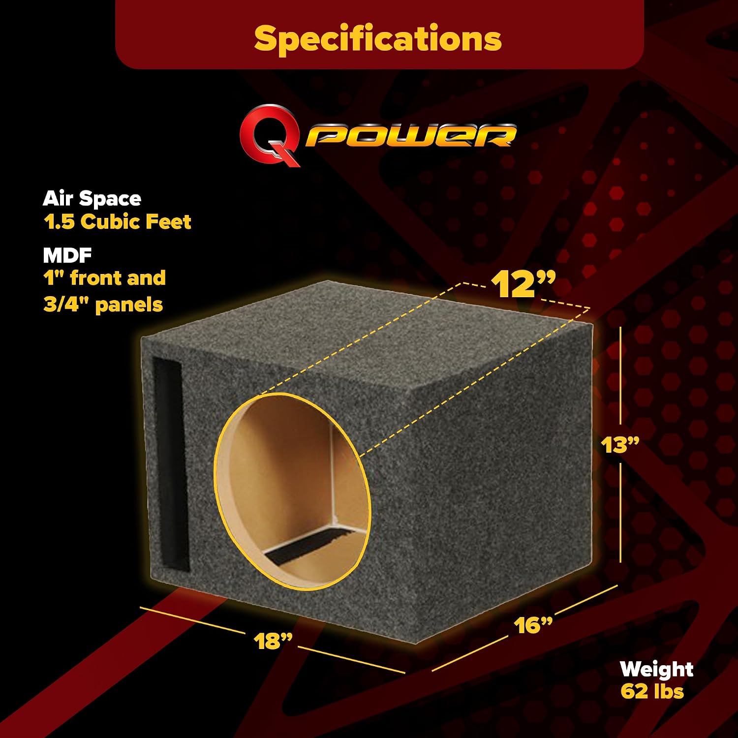 QPower HD112VL Single 12 Inch SPL XL Heavy Duty Side Ported Subwoofer Box Enclosure with Durable Carpet Covering for Car Audio Systems