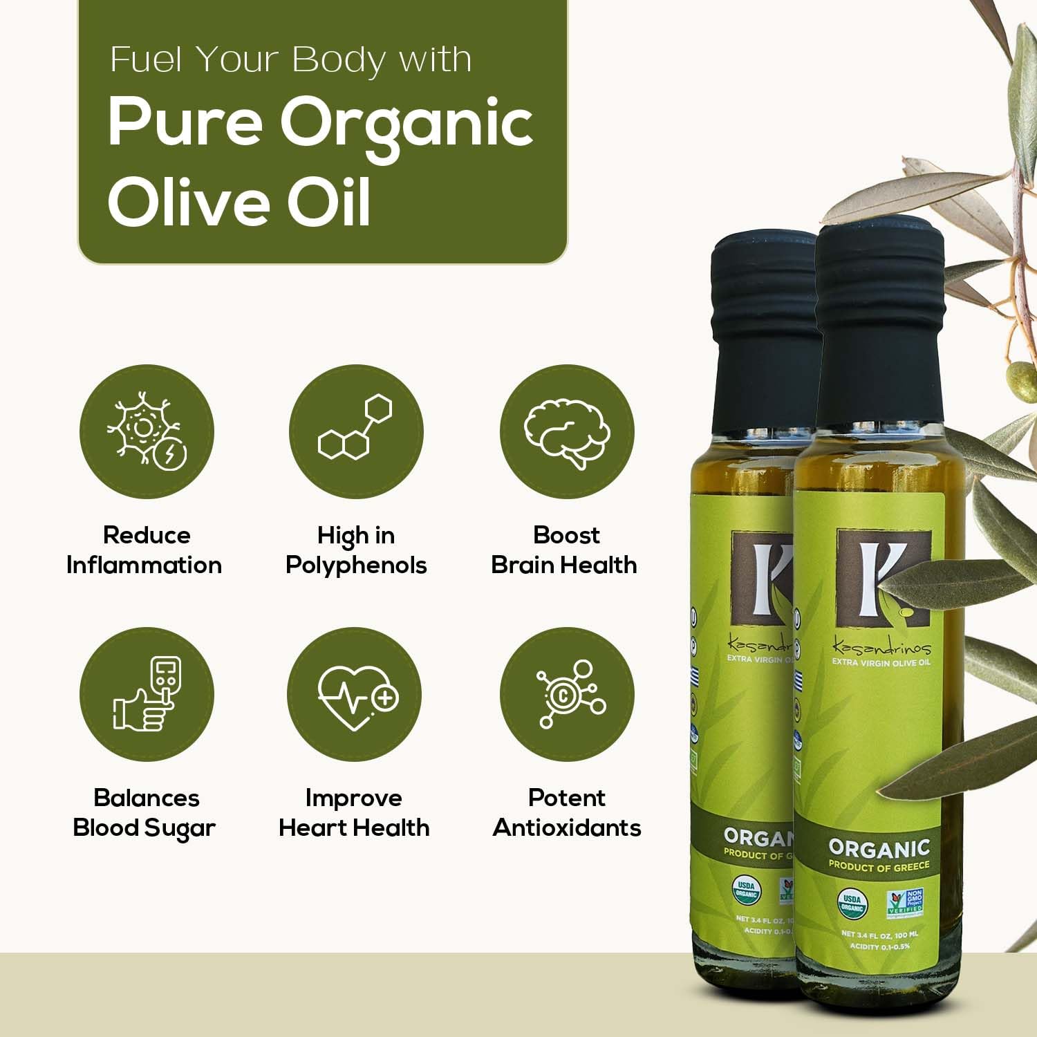 Kasandrinos Organic Olive Oil Extra Virgin, Polyphenol Rich Greek Olive Oil, 100% Organic First Cold Pressed, Mild + Delicate Flavor, Verified by Non GMO, 500 ml / 16.9 oz