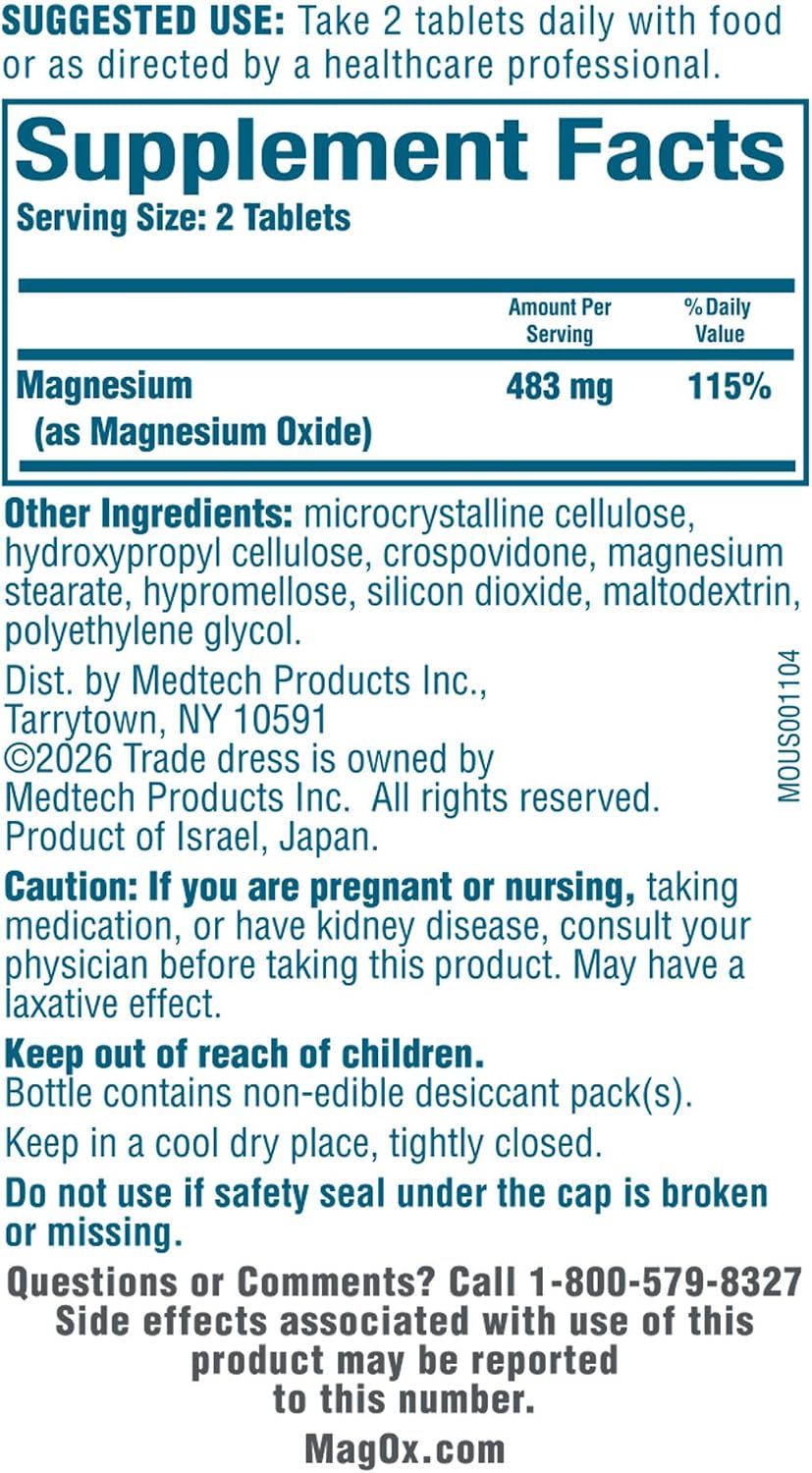 Mag-Ox Magnesium Supplement, Pharmaceutical Grade Magnesium Oxide 483mg, Most Concentrated Form of Magnesium, 120 Tablets