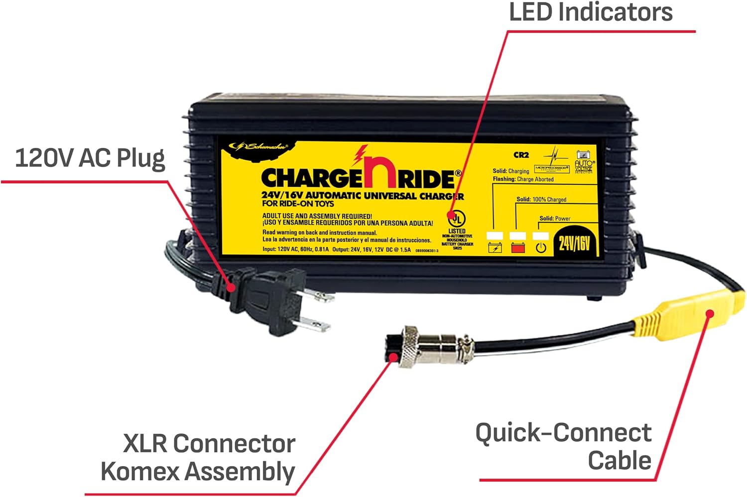 Schumacher Electric Charge 'n Ride Universal Battery Charger and Maintainer for Ride-on Toys, CR1, 2-in-1, Fully Automatic, 3 Amps, 6 Volt, 12 Volt, Use with MotionTrendz, Power Wheels, and Peg Pergo