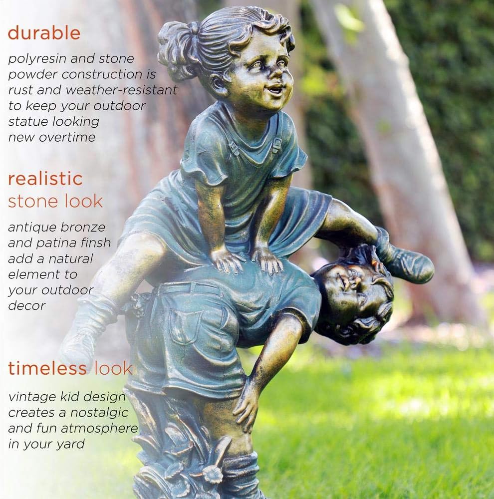 Alpine Corporation 26" Tall Indoor/Outdoor Girl Jumping Over Boy Statue Yard Art Decoration