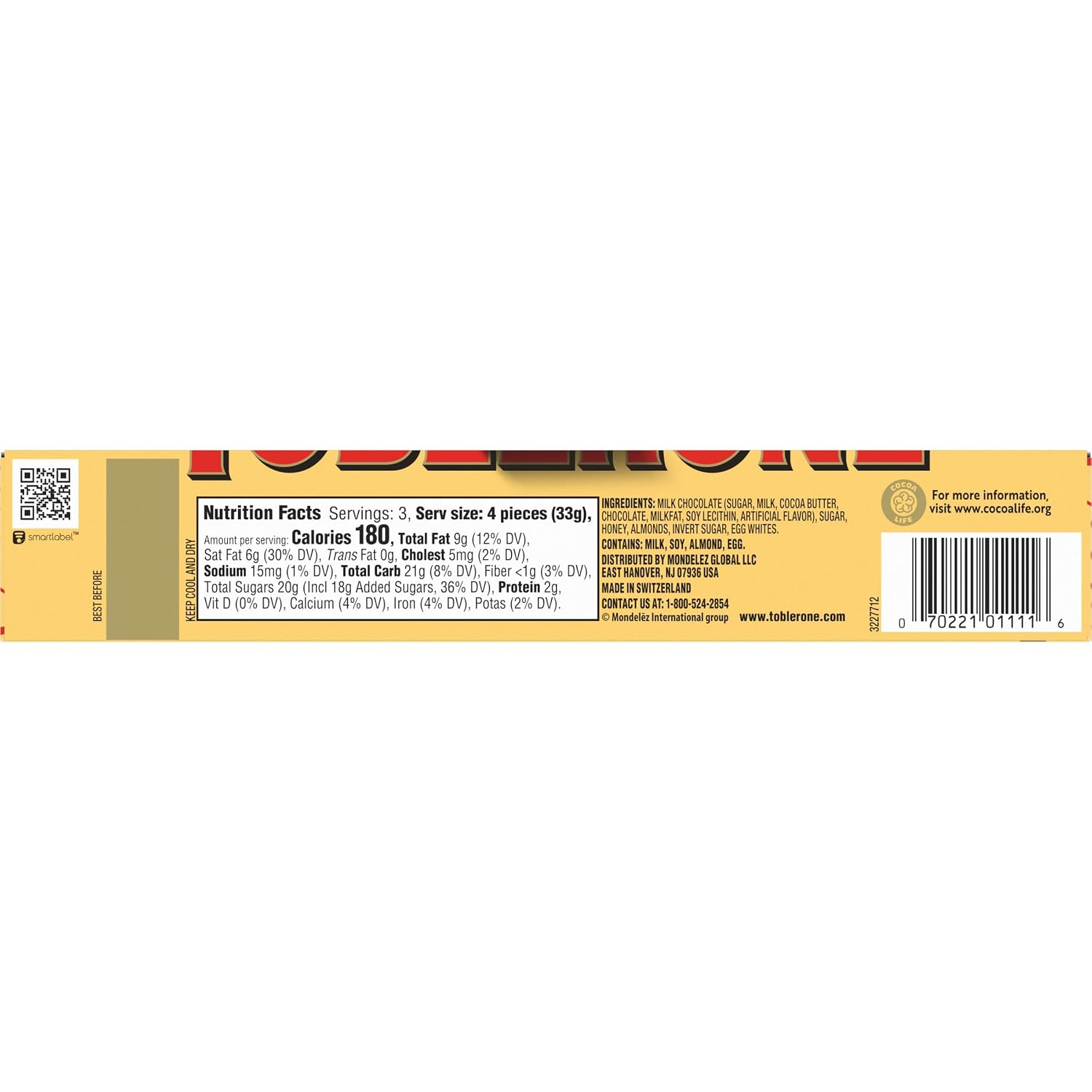 Toblerone Milk Chocolate Bar with Honey and Almond Nougat, 3.52 oz