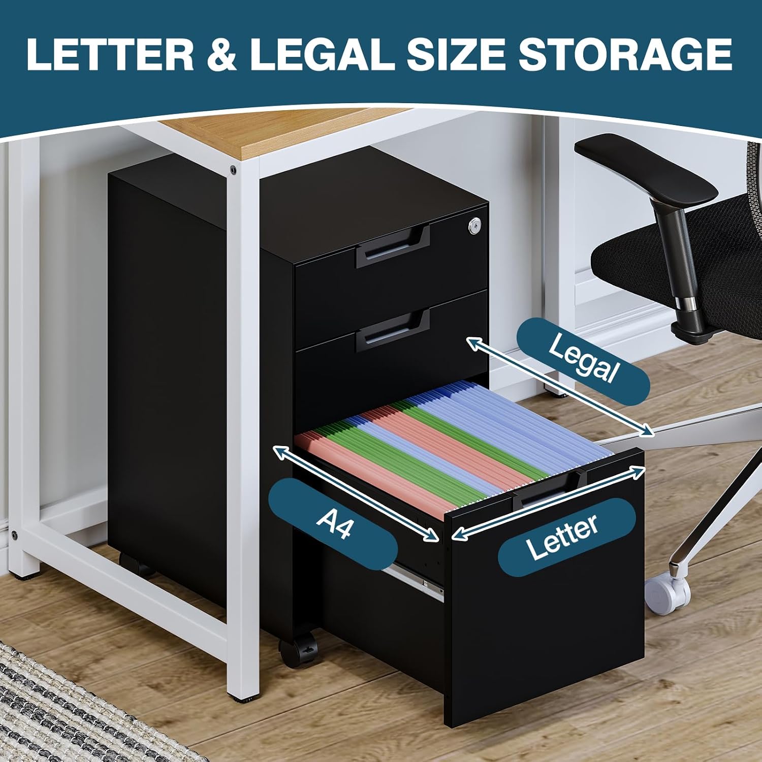 MIIIKO 3 Drawer File Cabinet with Lock, Metal Lateral Rolling Printer Stand Filing Cabinets for Home Office Storage,A4, Letter,File Folders(White)