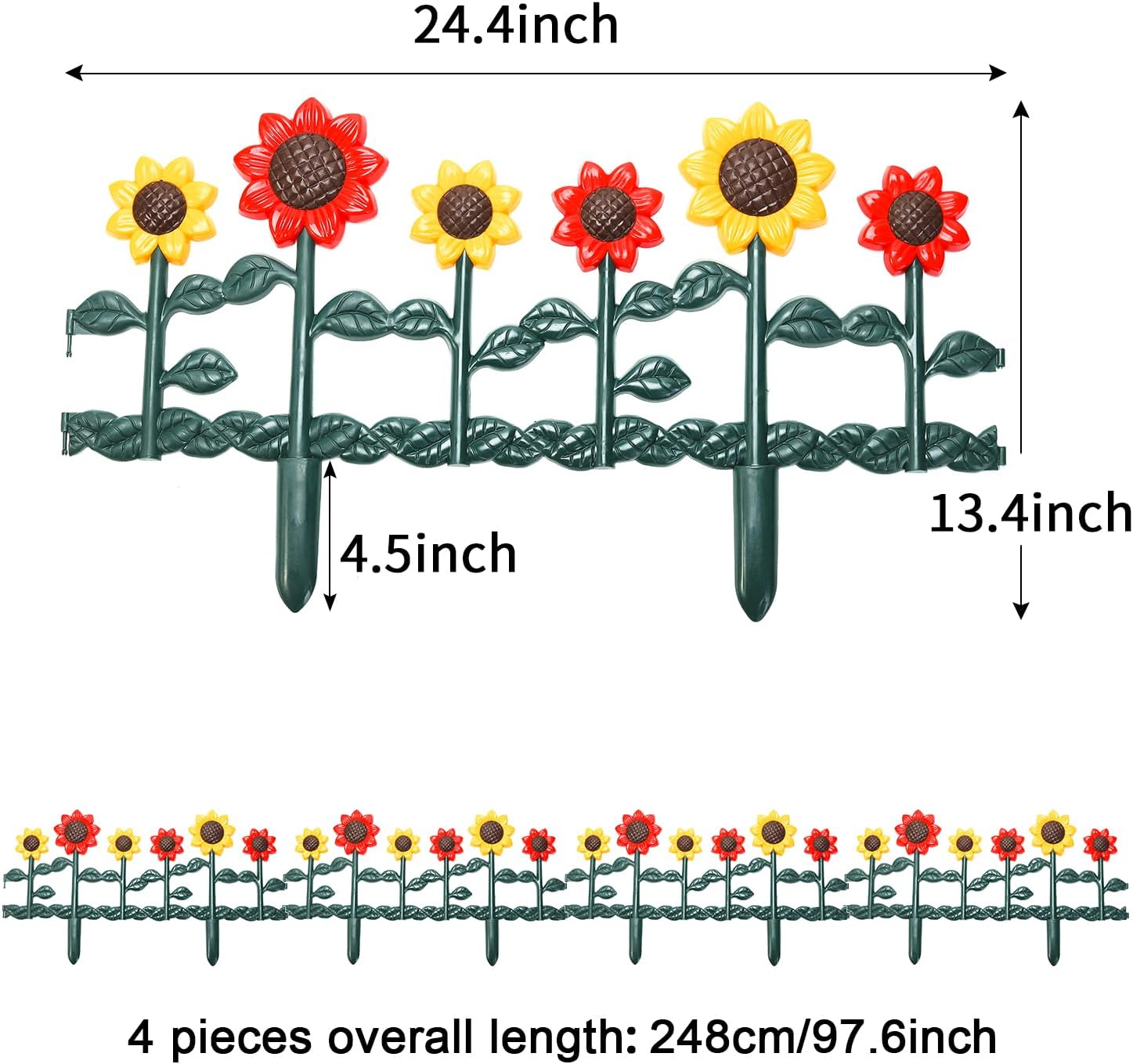 Sungmor Plastic Garden Picket Fence Edging, Sunflower Decor Lawn Flower Bed Border Panels, 4 Pack Total 98 Inches Length