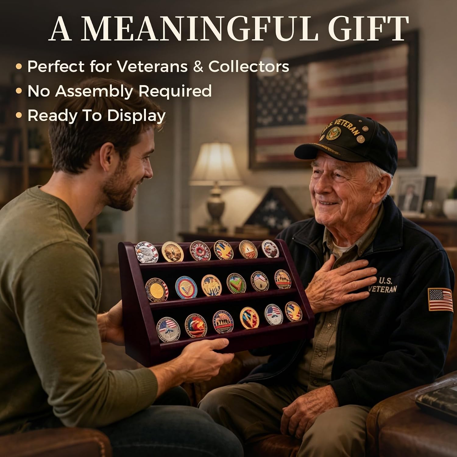 ASmileIndeep 3 Rows Wooden Challenge Coin Wall Display Stand - Military Coin Holder Army Coins Rack, Holds 21-24 Coins, Mahogany