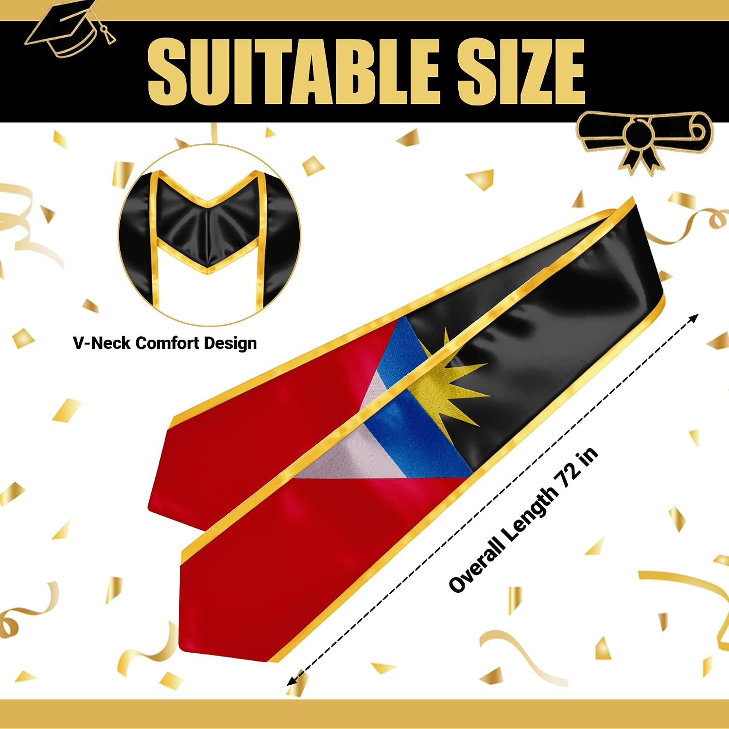 YOXEULL National Flag Embroidered Graduation Stole with Trim, Graduation Sash Graduates Gift, 72"