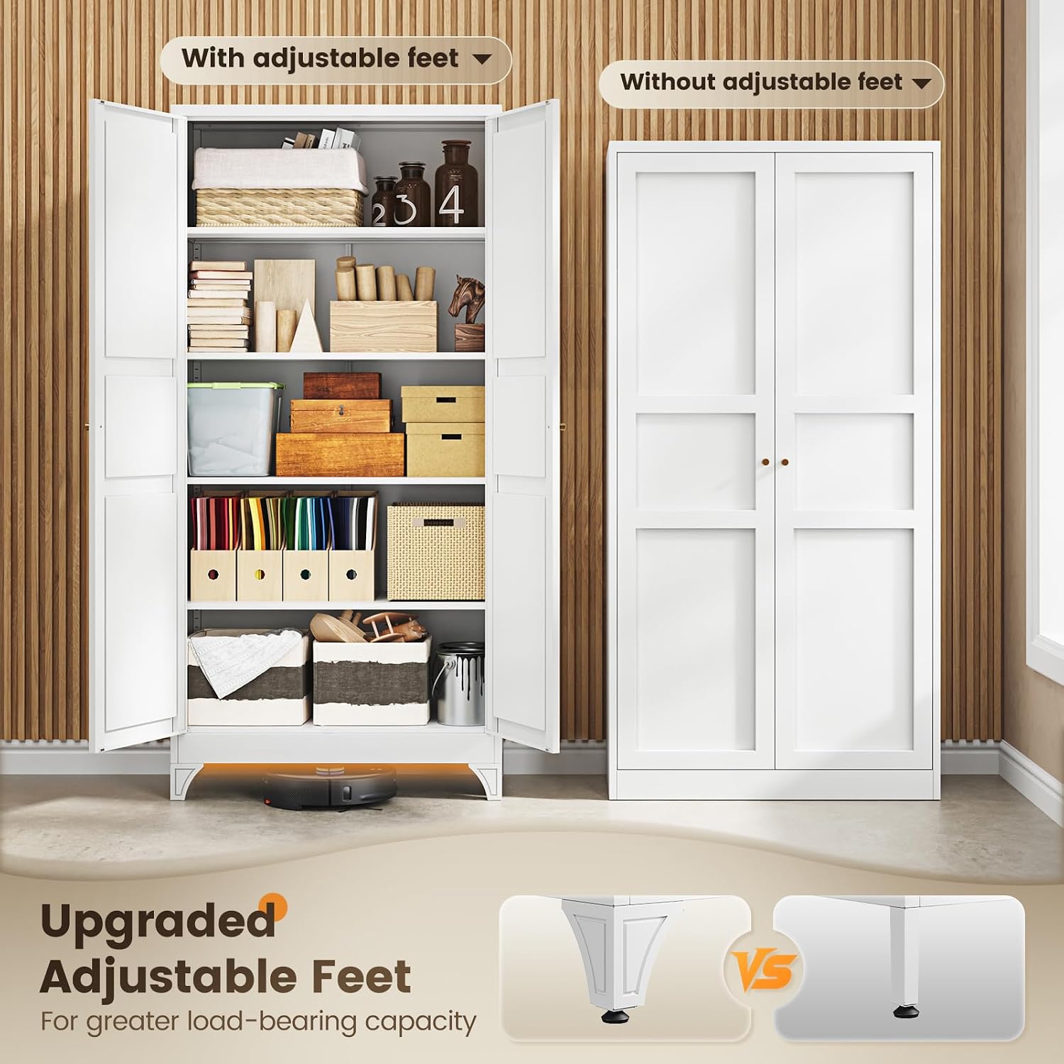 Metal Storage Cabinet with 2 Doors and 4 Adjustable Shelves - 61" White Kitchen Pantry Storage 5-Tier Tall Steel Cabinets Locker for Kitchen, Living Room, Dining Room