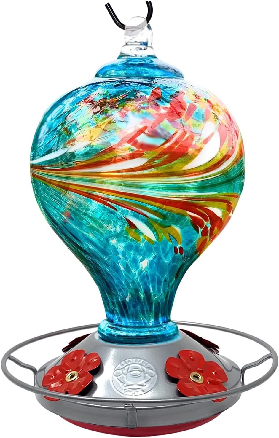 Hummingbird Feeder by Grateful Gnome - Large Hand Blown Stained Glass Feeder for Garden, Patio, Outdoors, Window with Accessories S-Hook, Ant Moat