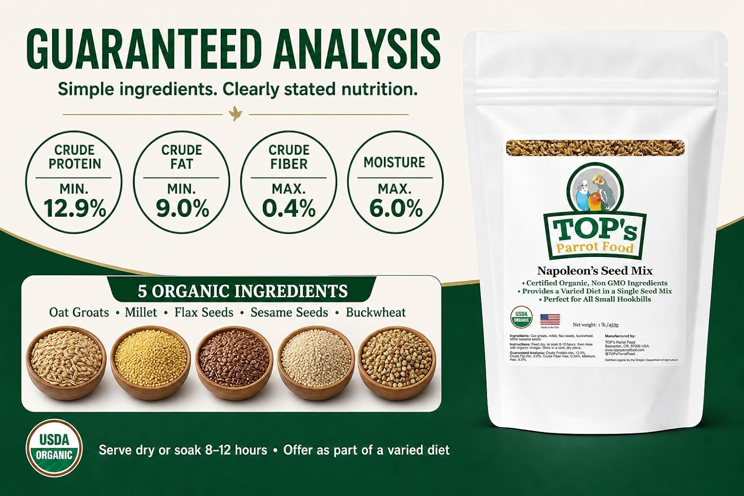 TOP's Napoleon's Seed Mix for All Small Hookbills, Non-GMO, Soy Free, Corn Free, USDA Organic Certified, 1 lb