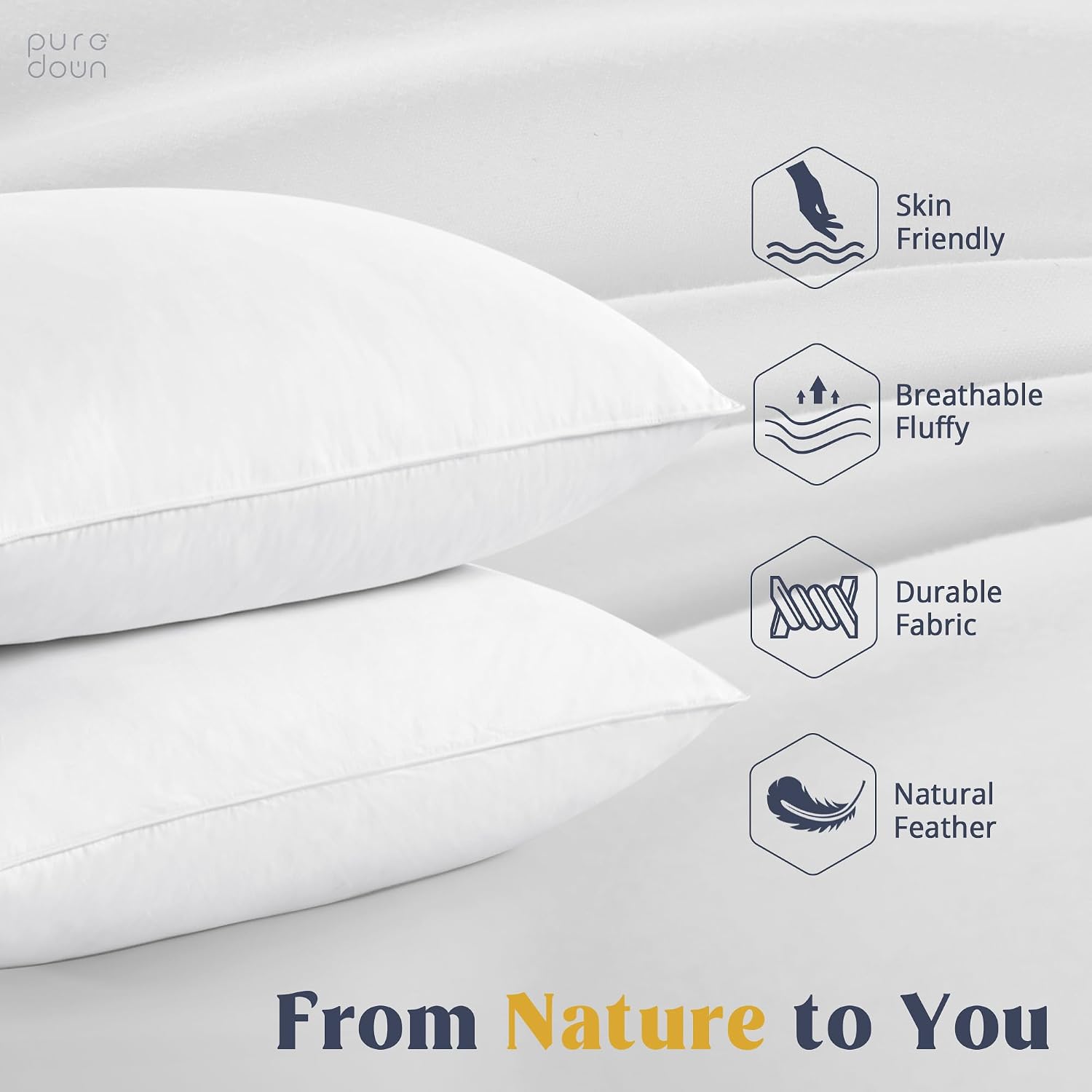 puredown® Goose Feathers and Down White Pillows with 100% Cotton Cover, Bed Sleeping Hotel Collection Pillows Set of 2, Standard Size