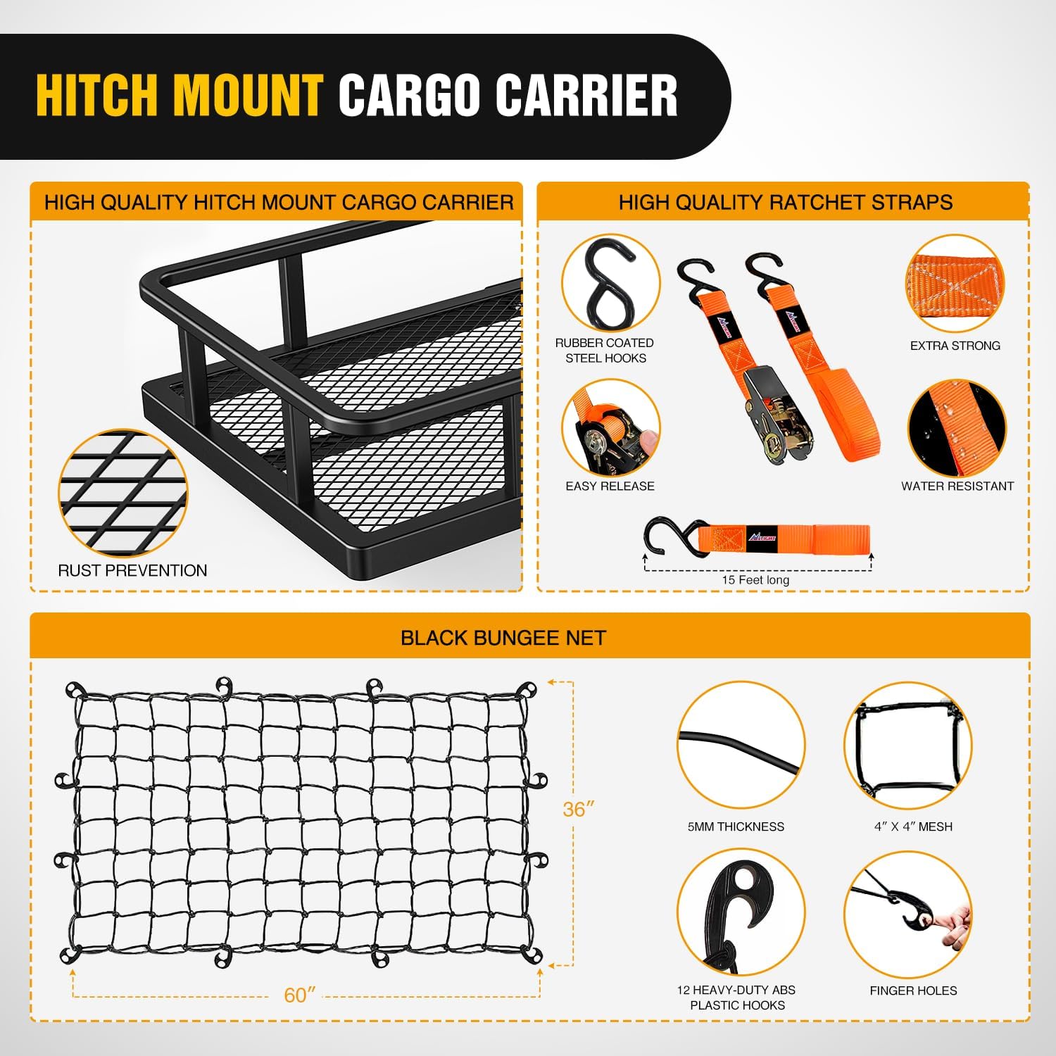 Nilight 32”×26”×4” RV Bumper Mounted Cargo Rack Carrier with Net Fits 4-inch or 4-1/2-inch Bumpers Heavy Duty Luggage Holder Basket for RV Camping Traveling Capacity 350LBS