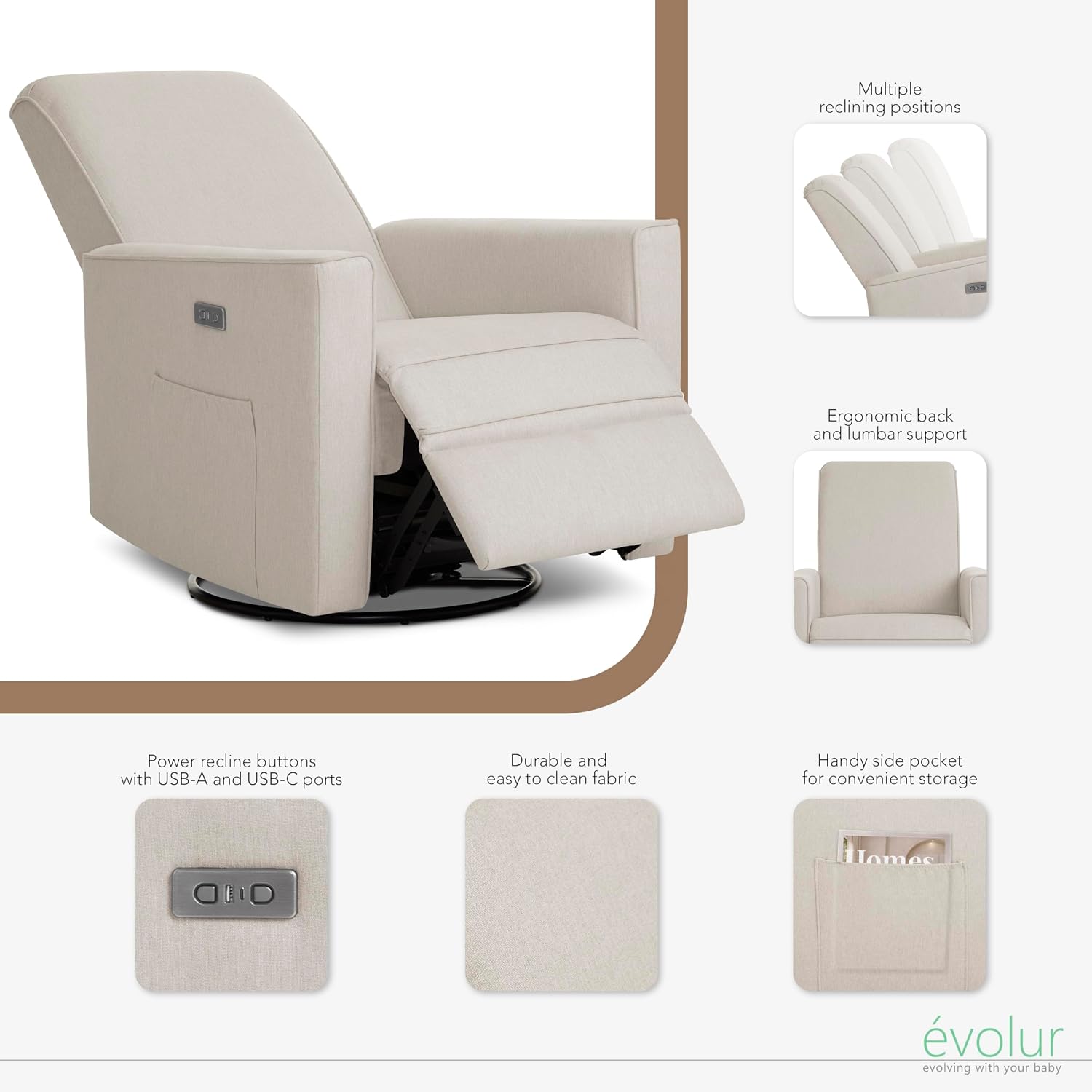évolur Harlow Upholstered Power Glider Recliner with USB Charging – Rocking & 275° Swivel with Smooth Glide – Greenguard Gold & FSC