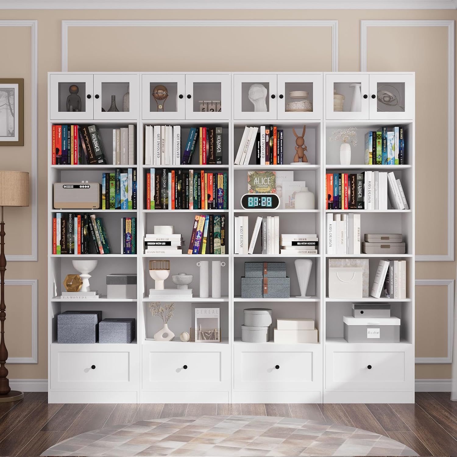 TUSY 85.5 Inch Tall Bookshelf with Doors - 7 Tier Bookcase with Glass Doors and Drawer, 23.6" Wide Storage Cabinet with Open Shelves for Living Room, White Book Shelf for Home Office, Study (AAAA)