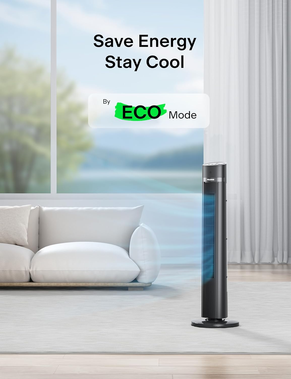 PELONIS 40-inch Bladeless Tower Fan for Bedroom, Standing Fan with Remote Control, 26ft/s, 90° Oscillation, 3 Speed Settings, 27 dB, 3 Modes