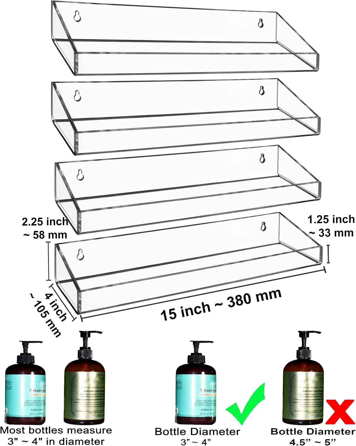 AMT 2 Pack Acrylic Floating Shelves, 15" L x 4" W, Clear Bathroom Wall, Bookshelves, Invisible Display for Office, Bedroom
