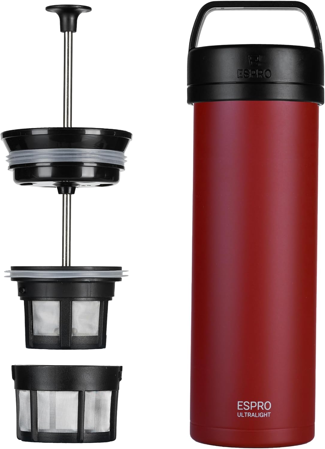ESPRO Go P0 Ultralight French Press Coffee Maker for Travel, Vacuum Insulated Stainless Steel, 16 Ounces, Matte Meteorite Black