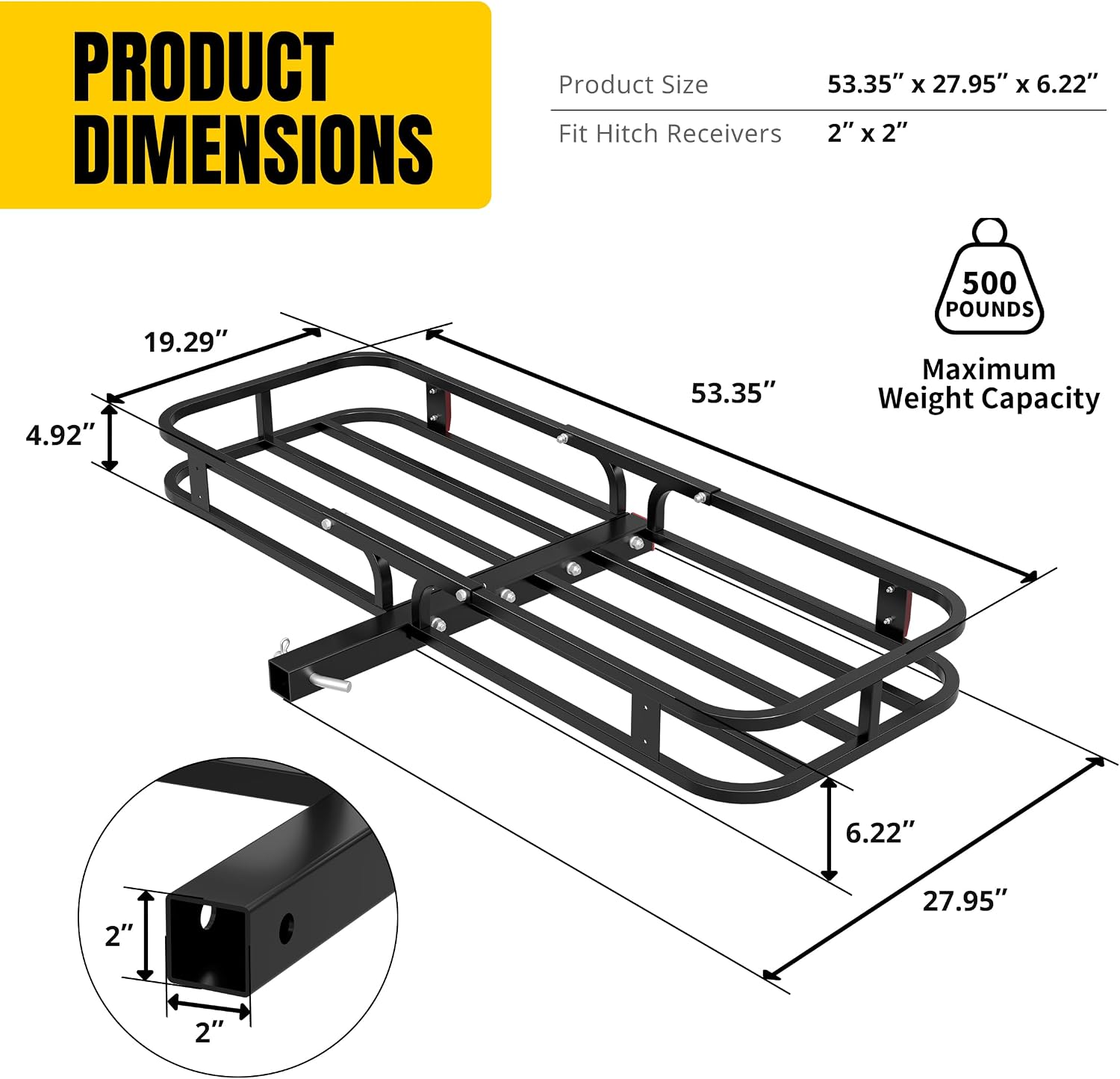 MaxxHaul 70107 53" x 19-1/2" Hitch Cargo Carrier - Trailer Mount Steel With High Side Rails For RV's, Trucks, SUV's, Vans
