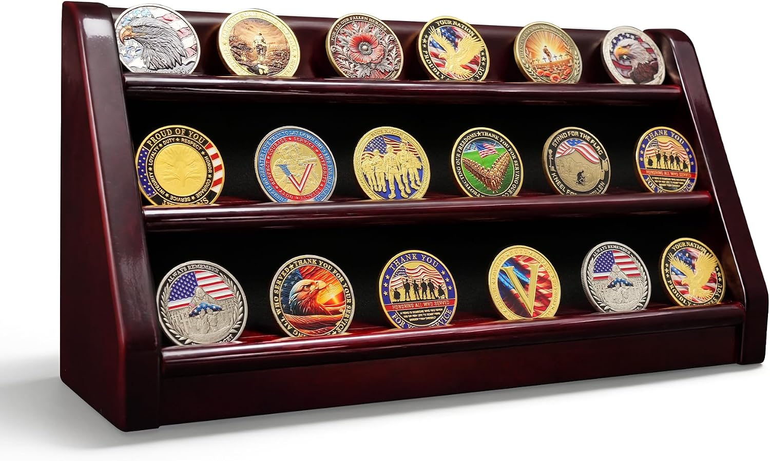 ASmileIndeep 3 Rows Wooden Challenge Coin Wall Display Stand - Military Coin Holder Army Coins Rack, Holds 21-24 Coins, Mahogany