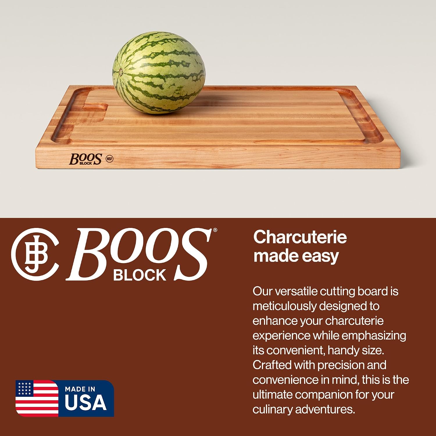 John Boos Aujus Series Rectangular Wooden Maple Cutting Board 20”x15” – 1.5” Thick, 12-lb Reversible Butcher Block with Sloped Juice Groove, Edge-Grain & Finger Grips – Made in the USA