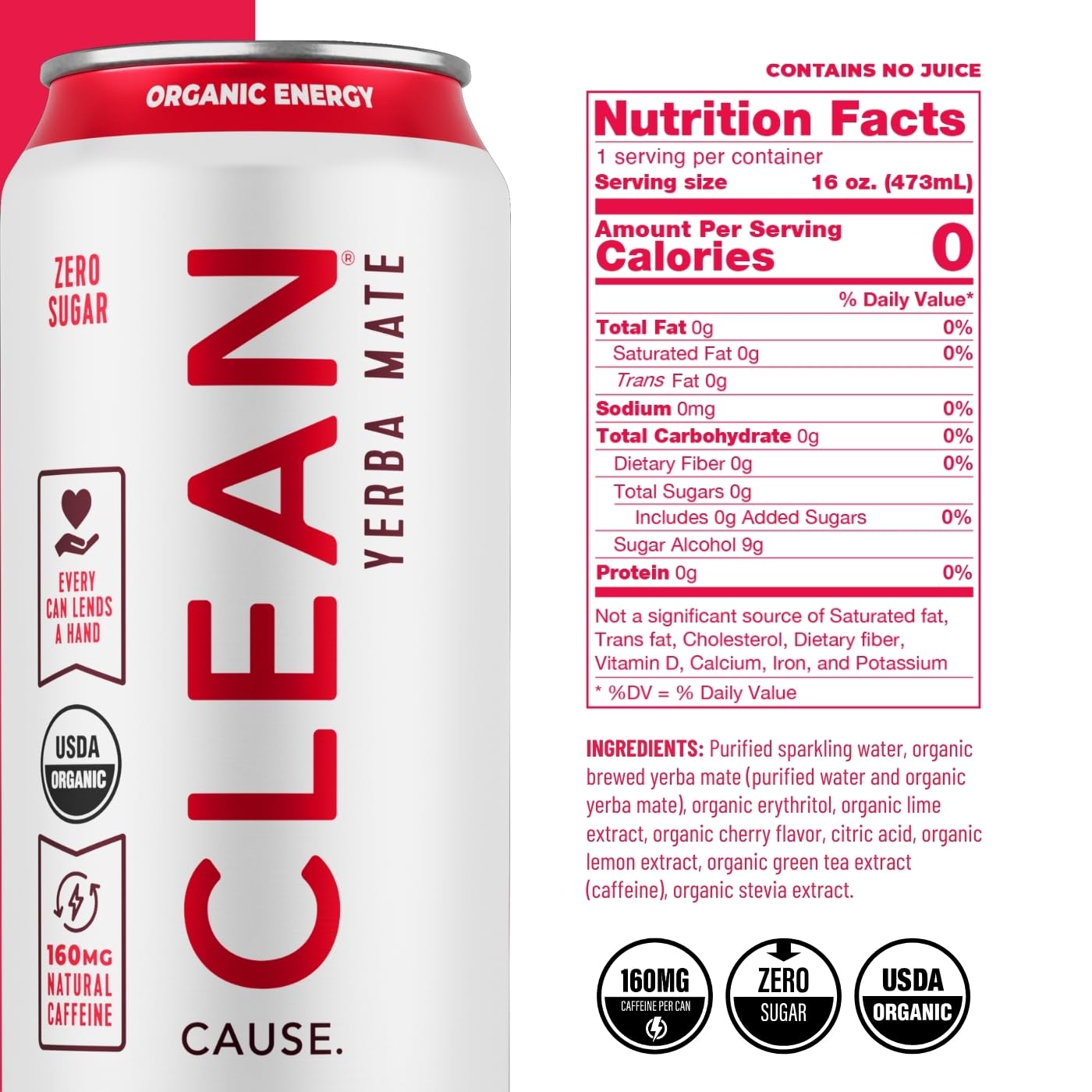 CLEAN Cause Zero Sugar Yerba Mate Organic Energy Orange Ginger, 12Pack 16oz