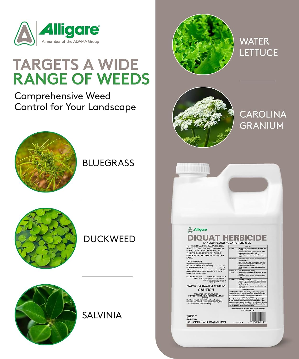 Alligare Diquat Herbicide to Control Bluegrass, Duckweed, Hydrilla & More - Glyphosate Alternative, Fast-Acting Non-Selective Liquid Weed Killer for Aquatic & Landscape Use - 2.5 Gallon