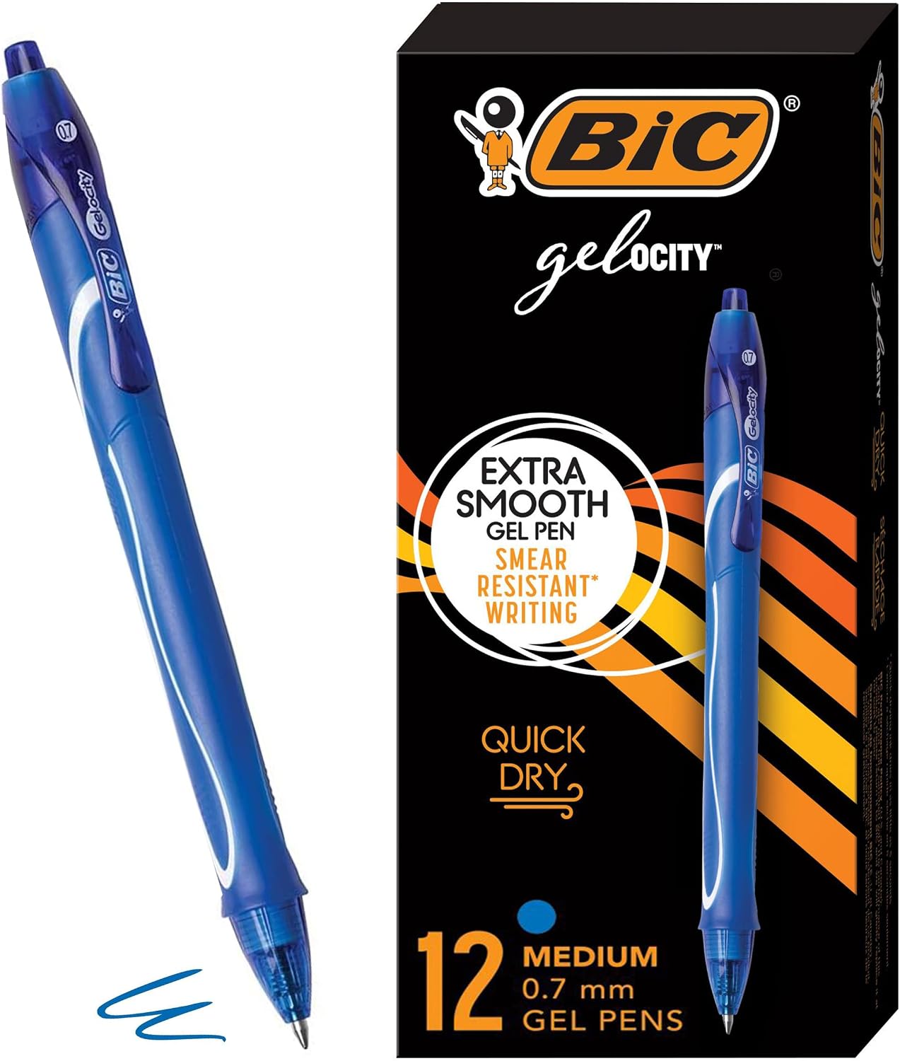 BIC Gelocity Quick Dry Black Gel Pens, Medium Point, 0.7 mm, 12-Count | Quick Dry Ink Resists Smearing | Full-Length Comfort Grip | Ideal for Students and Teachers | 12 Pens in Pack
