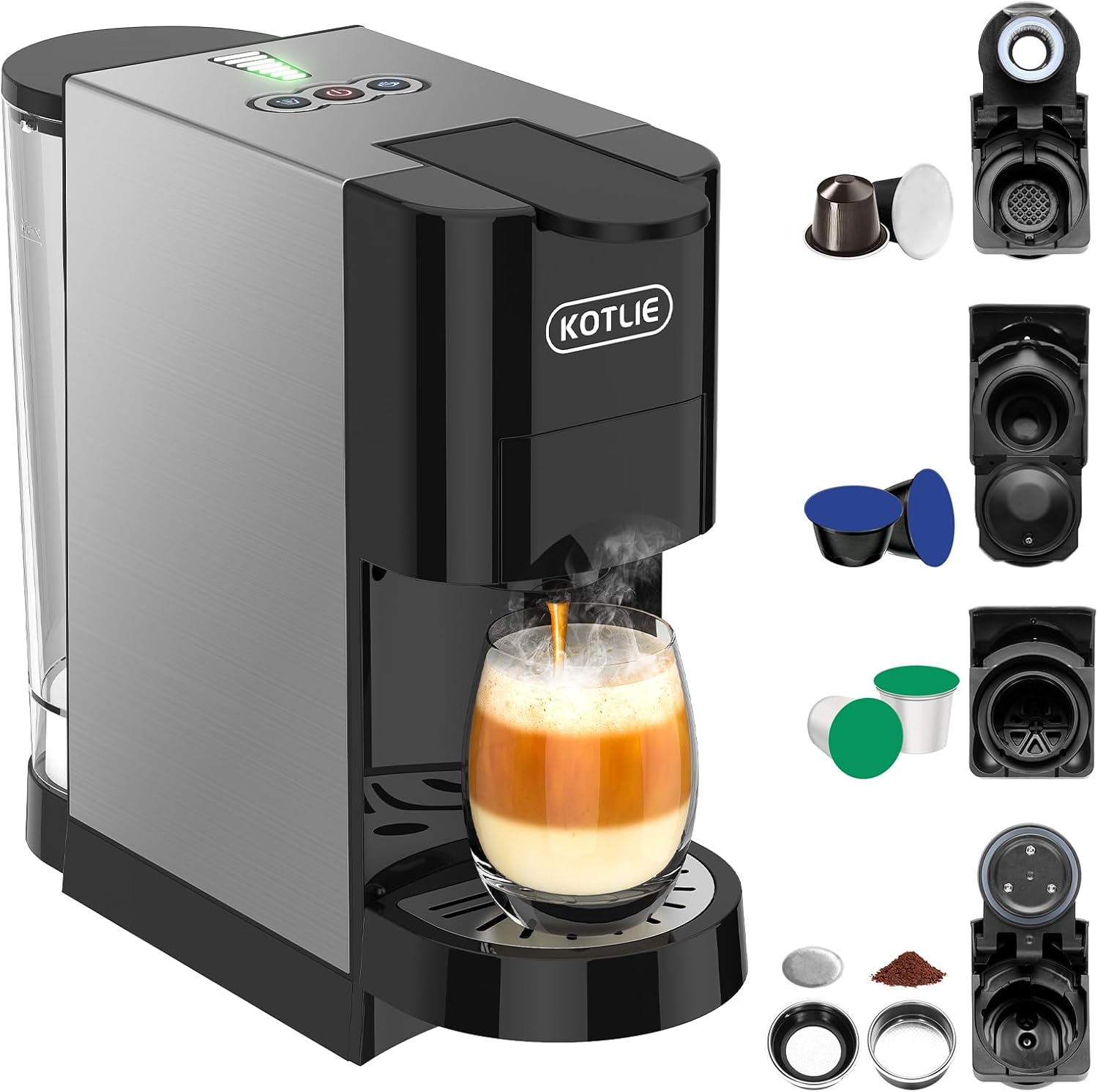 KOTLIE 19Bar Pressure Single Serve Coffee Maker, Multifunctional 5in1 Coffee Machine for NES* Original/Dolce Gusto/K cup/Ground Coffee/illy 44mm ESE