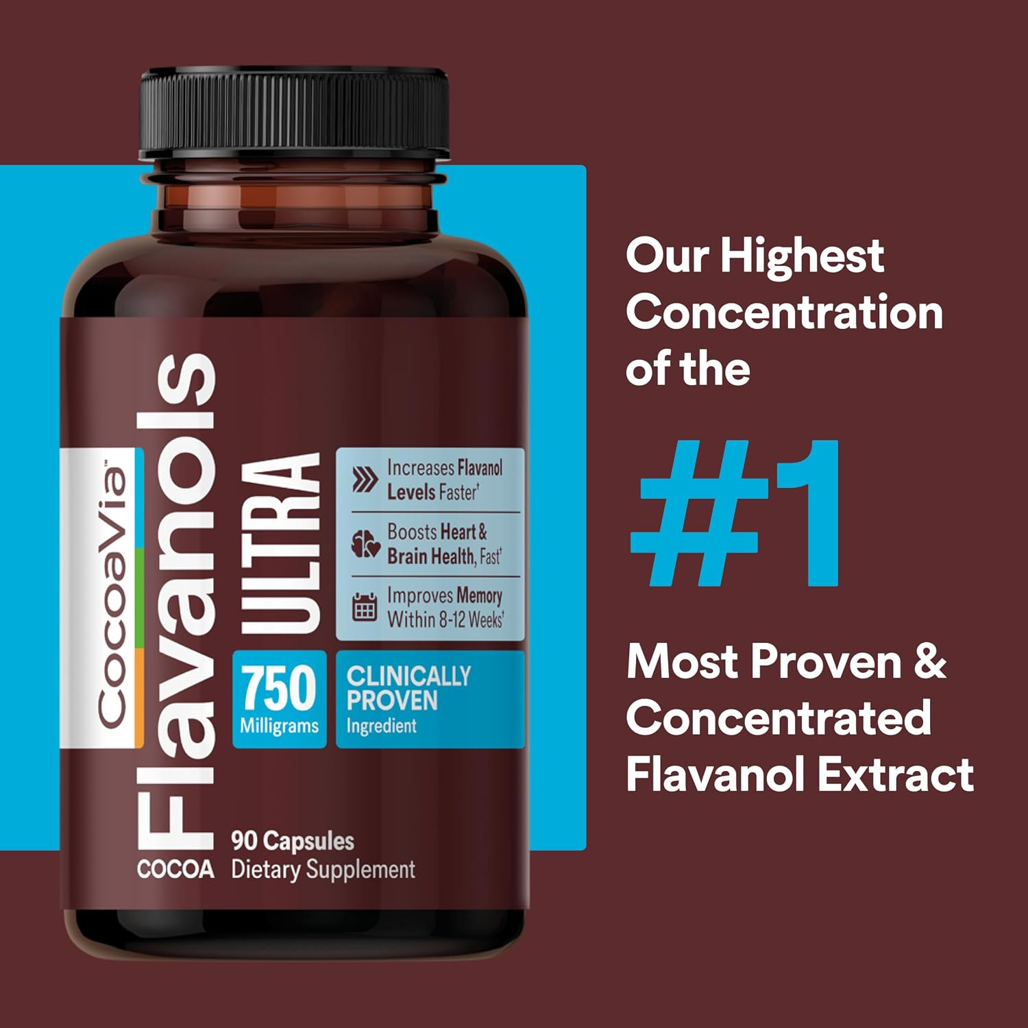 CocoaVia Ultra 750mg Cocoa Flavanols – Heart & Brain Support, Memory & Blood Circulation Booster, High Flavanol Cocoa for Nitric Oxide