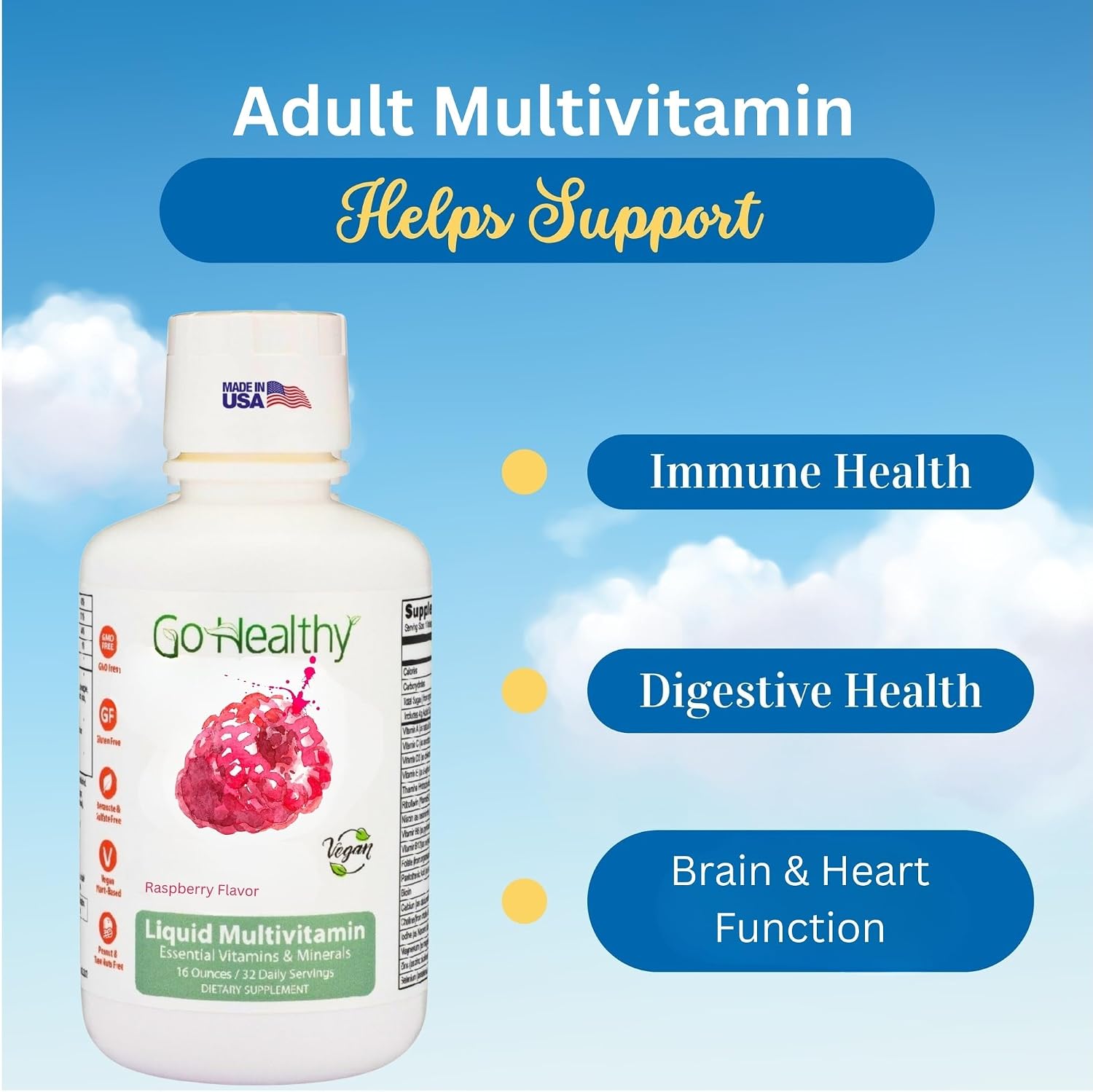 Go Healthy Liquid Multivitamin for Women, Men, Teens | Vegan Vitamin & Mineral Supplement | High Absorption | Premium Liquid Formula | Immune Support | Peach Mango Flavor | 32 Servings