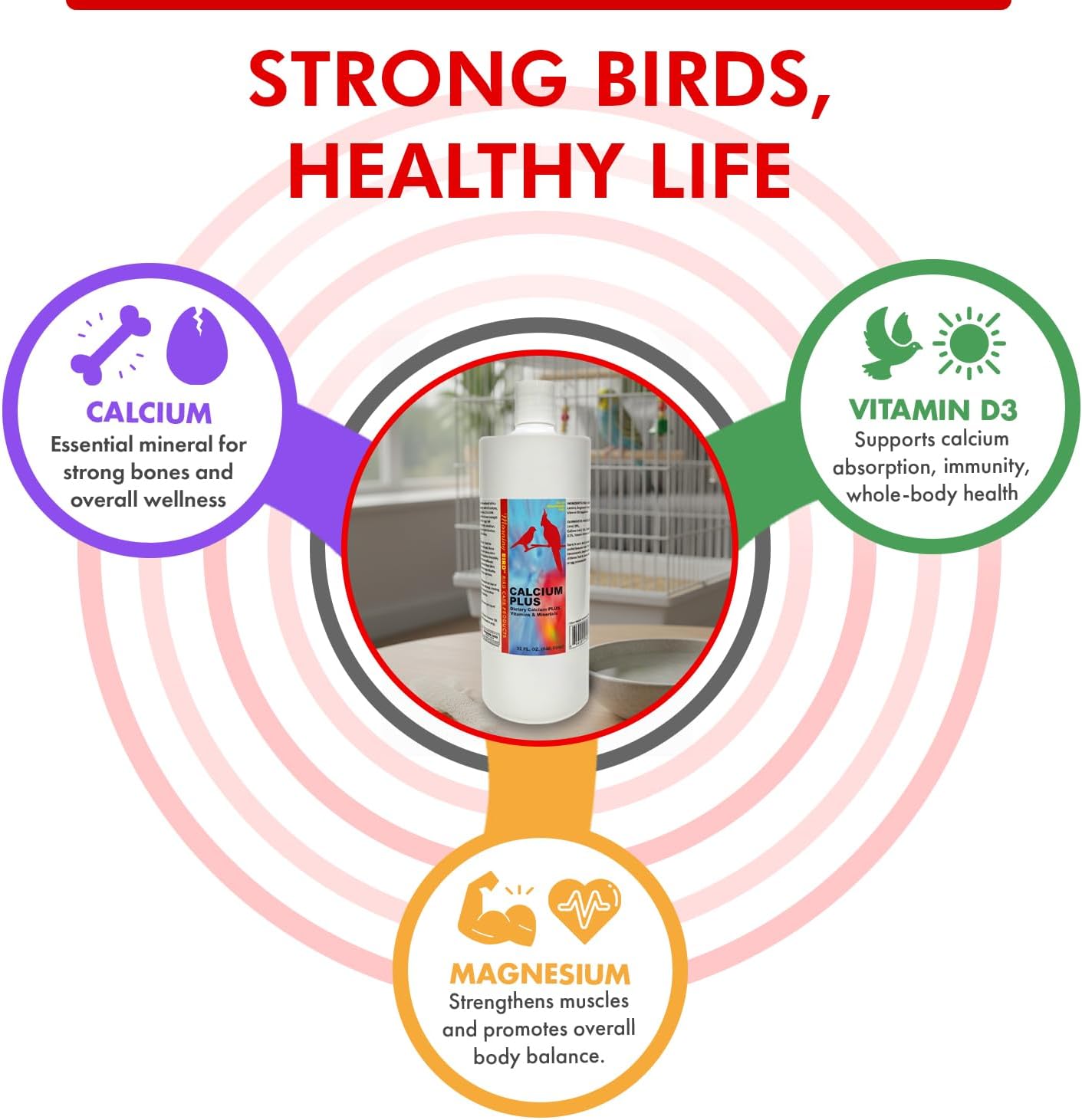 Calcium Plus Liquid for Birds – Calcium Supplement with Vitamins and Minerals for Strong Eggshells, Healthy Bones - Support Growth, Breeding, and Wellness for All Birds 4 Fl Oz | Calcium Supplement - Supports Healthy Growth, Bone Strength, Breeding, Brai…