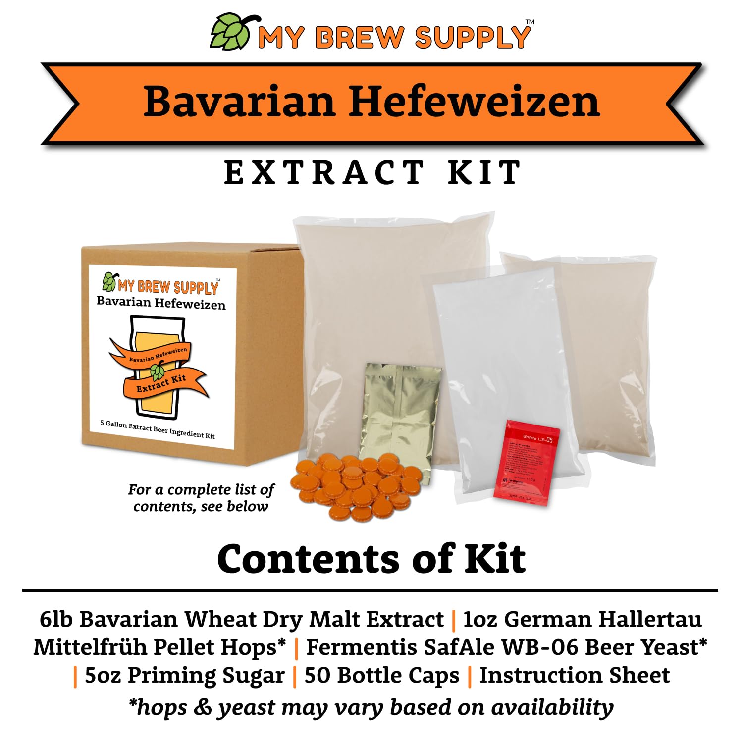 My Brew Supply Orange Wheat Beer Extract Kit | Bavarian Wheat Dry Malt Extract | Golden Light Dry Malt Extract | Caramel Malt | Flaked Wheat Grains