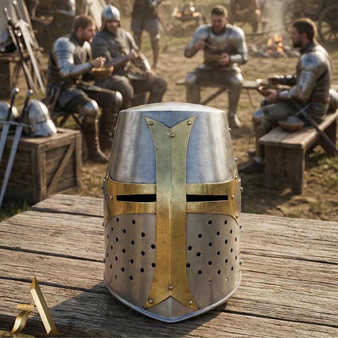 AnNafi® Brass Crusader Helmet | Medieval Metal Knight Helmets | PREMIUM QUALITY with Fitted LEATHER LINER | Dark Crusades Helmet Wearable for Adult