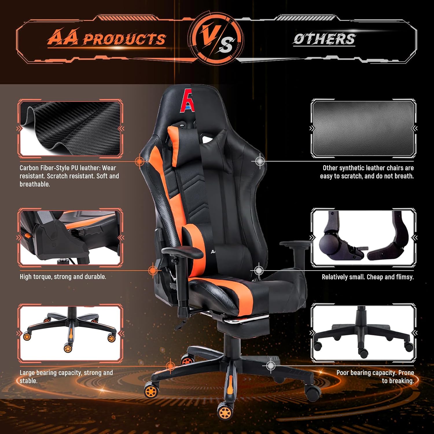 AA Products Gaming Chair Ergonomic High Back Computer Racing Chair Adjustable Office Chair with Footrest, Lumbar Support Swivel Chair - Black