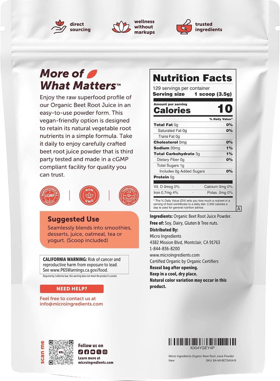 Micro Ingredients Organic Beet Root Juice Powder, 1 Pound | Water Soluble, Raw Beet Supplement | Powder Drink Mix for Smoothies & Recipes | Non-GMO