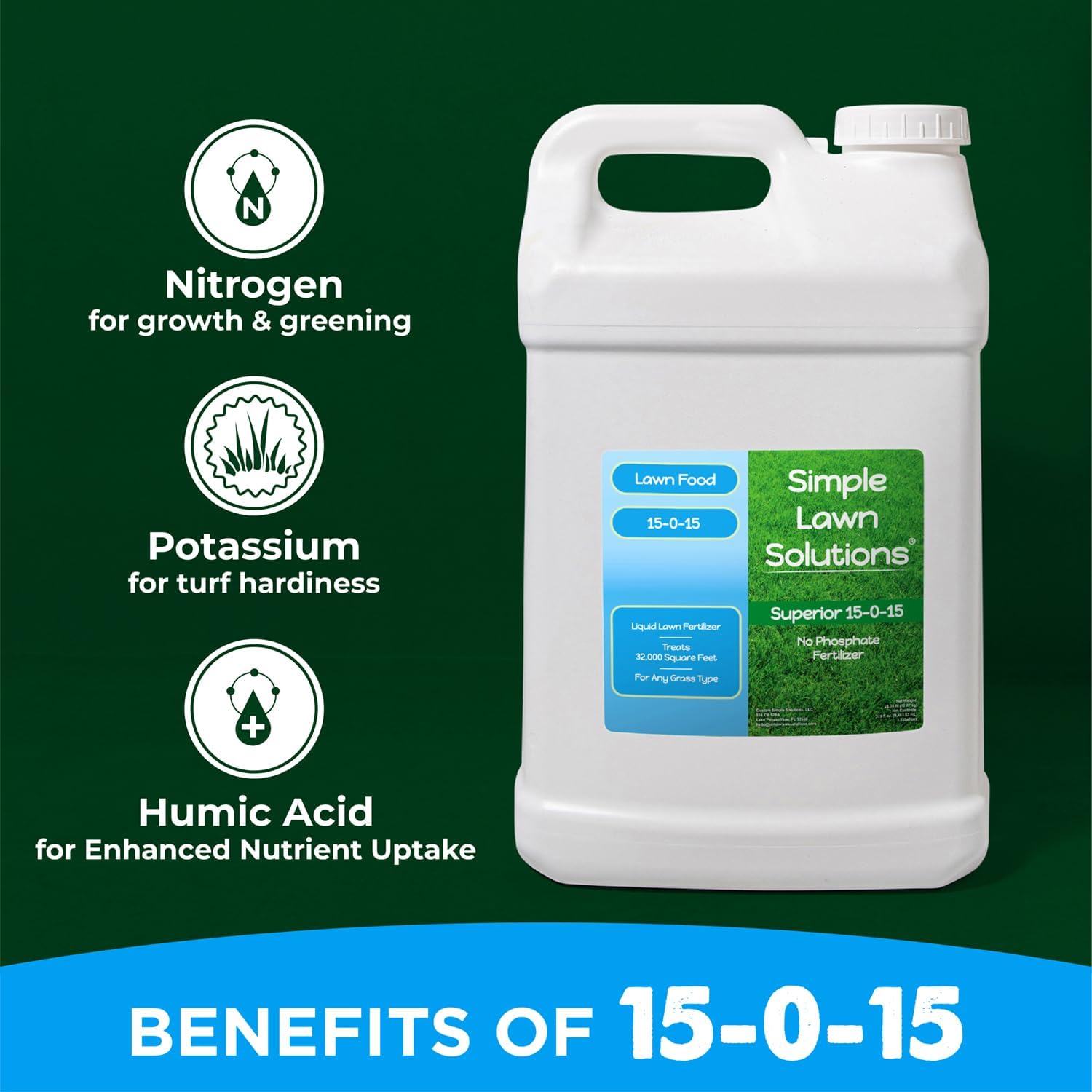 Superior 15-0-15 Liquid Lawn Fertilizer - Lawn Food for Growth & Green - Nitrogen, Potassium, Humic, Fish & Seaweed - Any Grass Type- Simple Lawn Solutions - All Season- Attached Sprayer (32 Ounce)