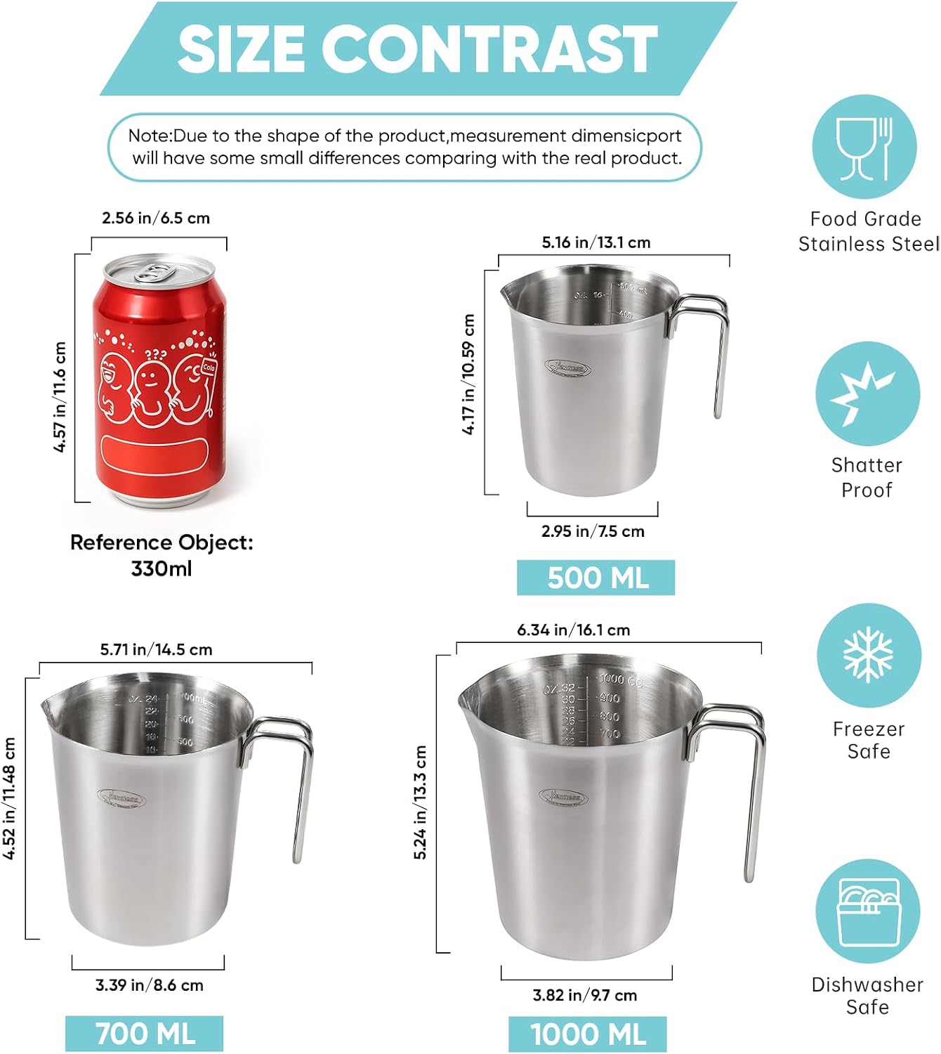Newness Stainless Steel Measuring Cup, Metal Measuring Cup with Handle (Upgraded, 3 Marking Including Cup/ML/Ounce Scale), 16 Ounces (0.5 Liter, 2 Cup)