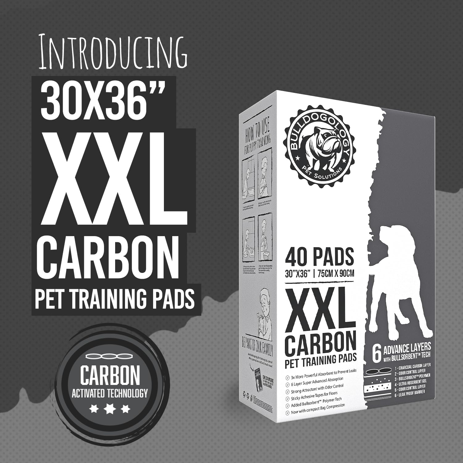 Bulldoglogy 50-Count Carbon Black Dog Pads Puppy Training Pads with Adhesive Tape 24x24 - Large Charcoal Puppy Pads Dog Training Wee Pads, Odor Control Thick Pee Pads for Dogs Extra Quick Dry