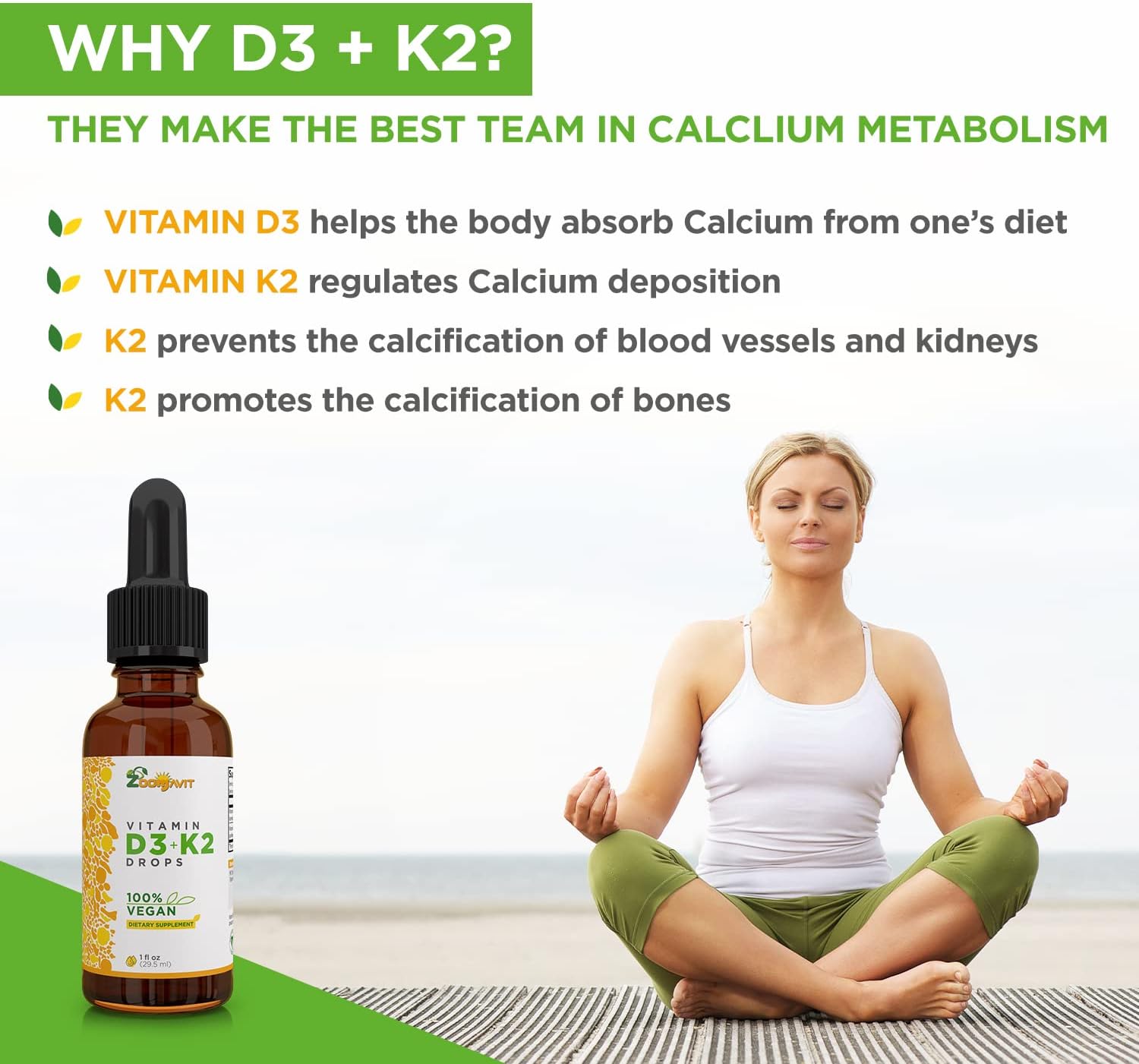 Vegan Liquid Drops Vitamin D3 K2 (MK7) - 100% Plant Based Liquid Vitamin D Enhanced with Coconut Oil for Max Absorption - 1 Serving = 1000 IU VIT D3