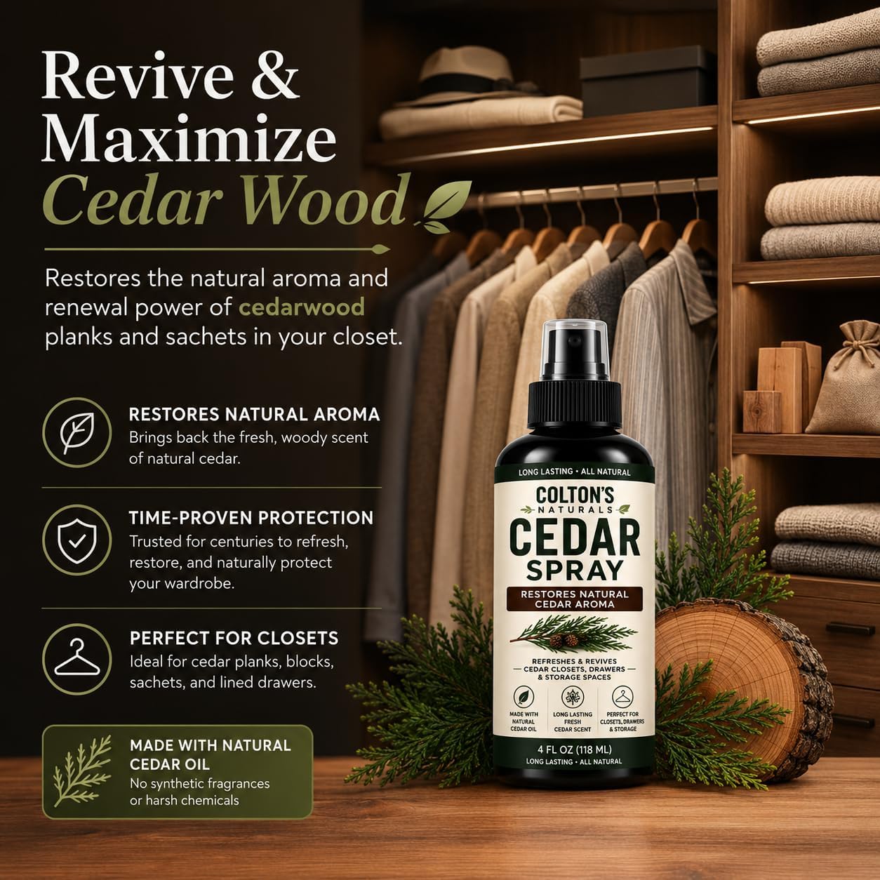 Colton's Naturals Cedar Spray – 4 ounce – With Lavender Extract – Non-Chemical Wood Protection – for Cedar Wood – Restores Scent 4oz