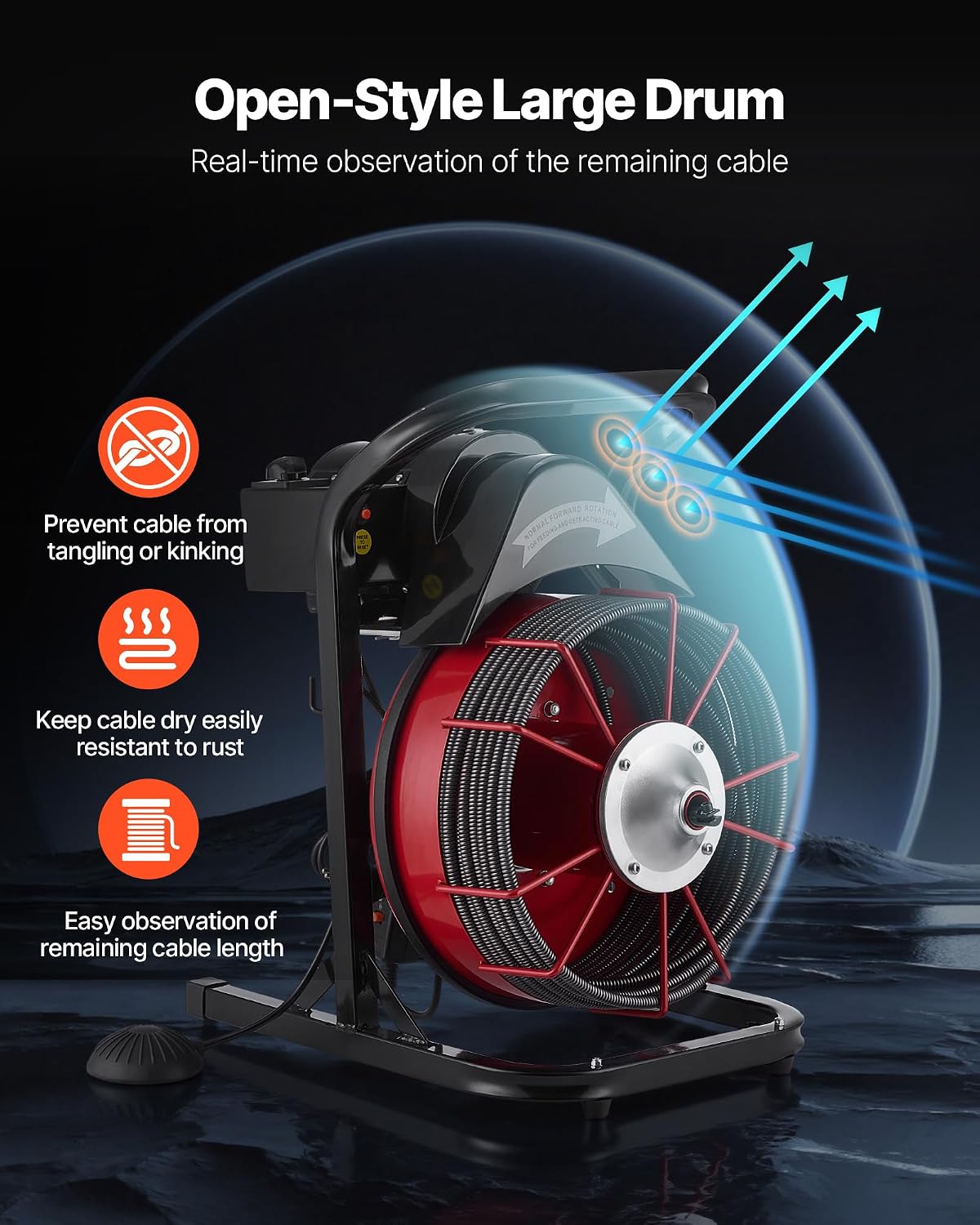VEVOR Drain Cleaner Machine 75 FT x 3/8 Inch, Sewer Snake Auger Manual Feed with 4 Cutters & Air-activated Foot Switch for 2" to 4" Pipes