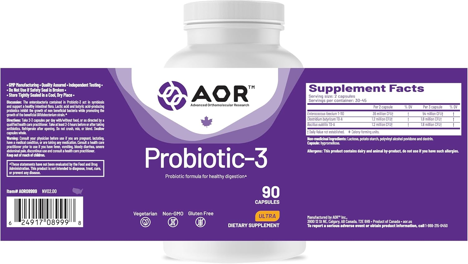AOR Probiotic Capsules for Gut Health, Shelf Stable, 90 Capsules 30-45 Days | No Refrigeration for Travel, Three Strain Formula, Survives Digestion