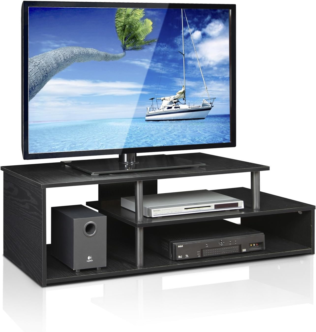 Furinno Econ Low Rise TV Stand, Espresso/Black | Open Shelf, TV Console for TV up to 46 Inch, for Living Room, Bedroom
