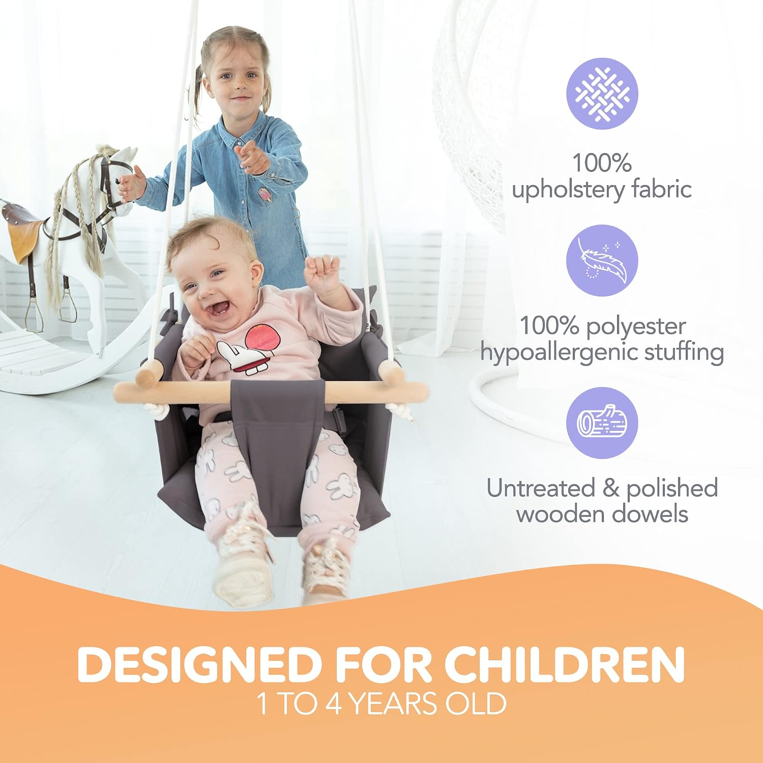CaTeam Canvas Baby Swing Seat with 5-Point Safety Belt — Wooden Hanging Toddler Swing, Indoor & Outdoor, Ages 1-4, Ceiling Mount Hardware Included