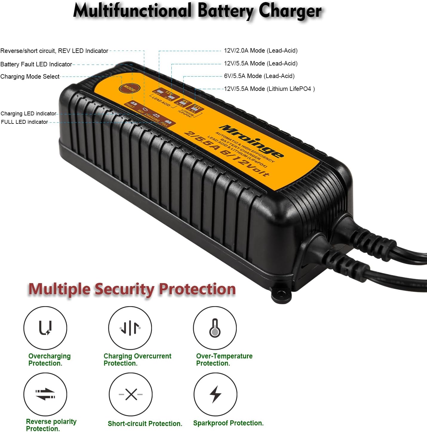 Smart Battery Charger, Mroinge 5.5A 6V/12V Automatic Battery Charger/Maintainer for Cars, Motorcycles, SUVs, Trucks and More