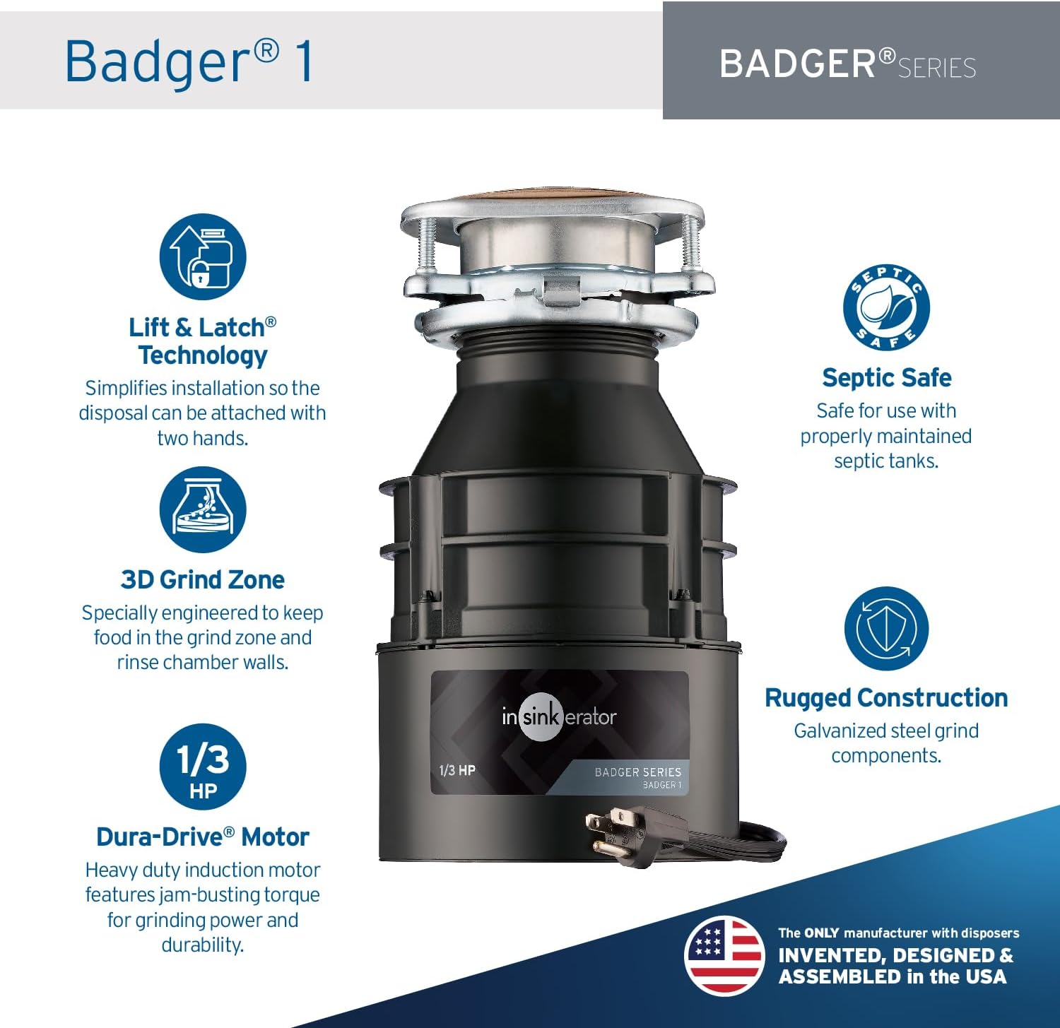 InSinkErator Badger 1 Garbage Disposal with Power Cord, Badger Series 1/3 HP Continuous Feed Food Waste Disposer