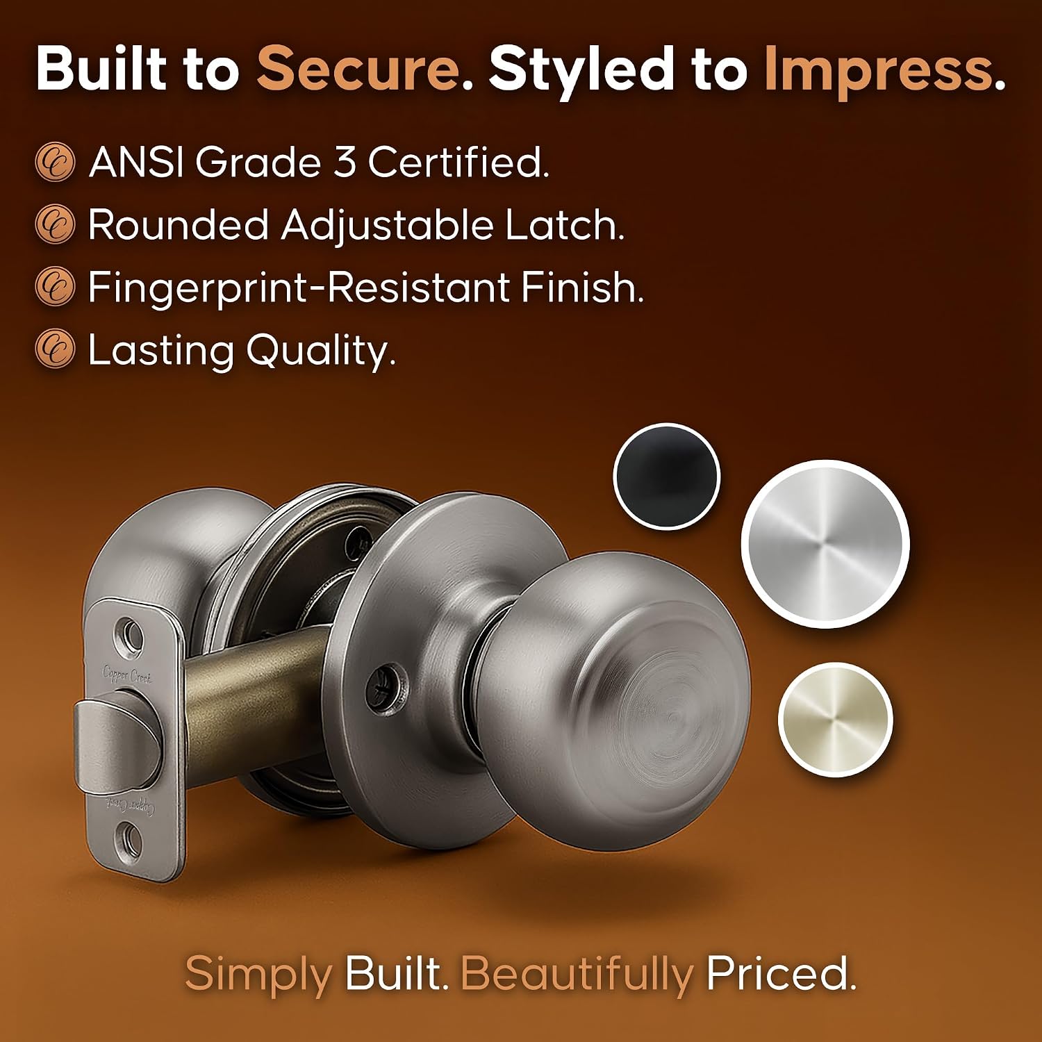 Copper Creek Colonial Privacy Interior Door Knob – ANSI Grade-3 Certified, Modern Heavy Duty Handle, Easy Install and Reversible for Bedroom, Bathroom and Closets – Satin Stainless (1 Pack)